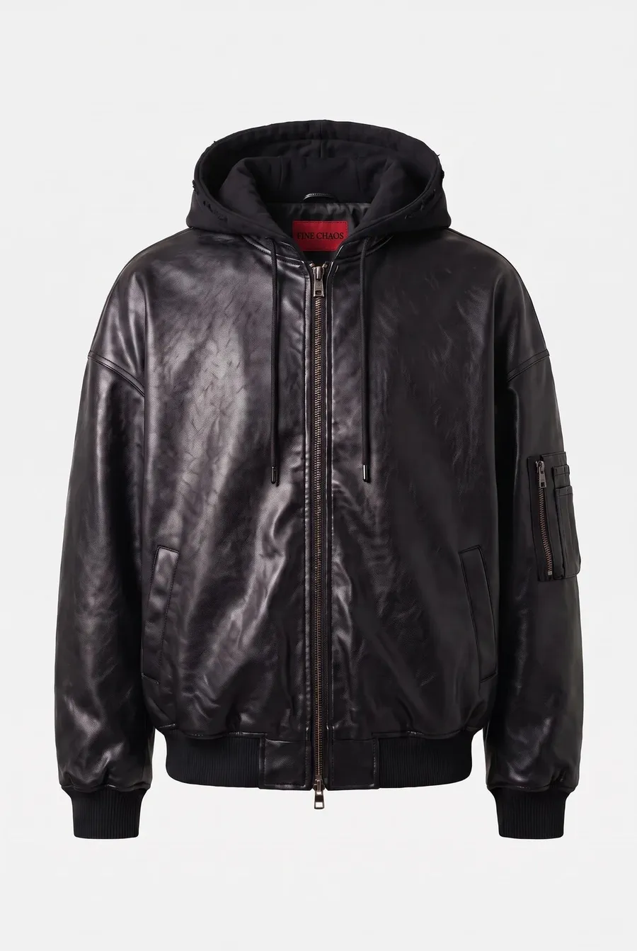 Hooded Leather Jacket — the delivered AI-generated ghost-mannequin packshot