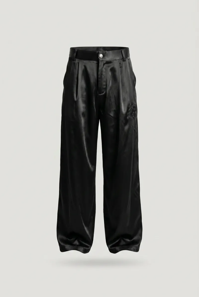 Satin wide-leg trousers — delivered AI-generated packshot, front
